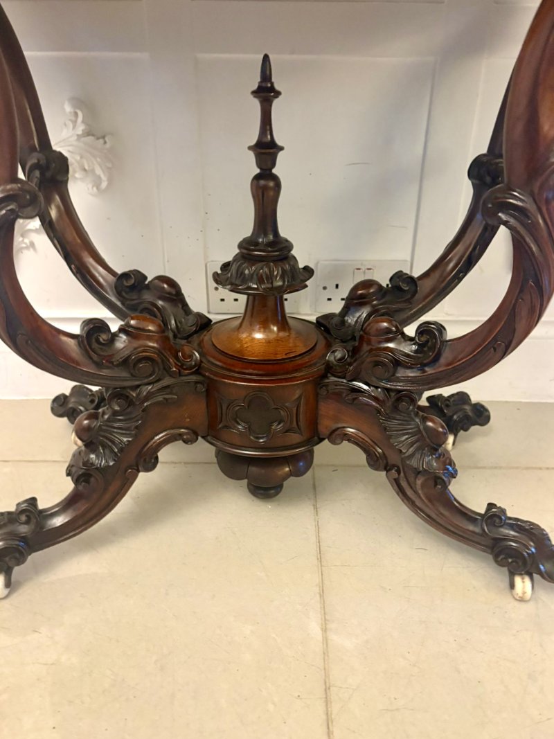 Antique Exceptional Quality Victorian Burr Walnut Card Table/Console Table with Carved Basket Base - Image 14